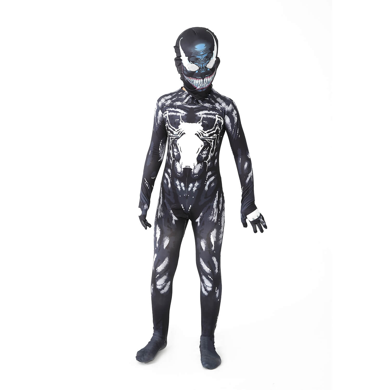 Orimax Spiderman kostuum met een avontuurlijk design, geïnspireerd door het Venom-karakter. Het kostuum is zwart met een wit, vlezig webpatroon en een iconisch, griezelig Venom-masker met felle blauwe ogen en een grijns. Dit kostuum is perfect voor fans die het Venom-personage willen nabootsen, met een flexibele pasvorm en gedetailleerde afdrukken. Ideaal voor cosplay, Halloween of andere speelse evenementen.