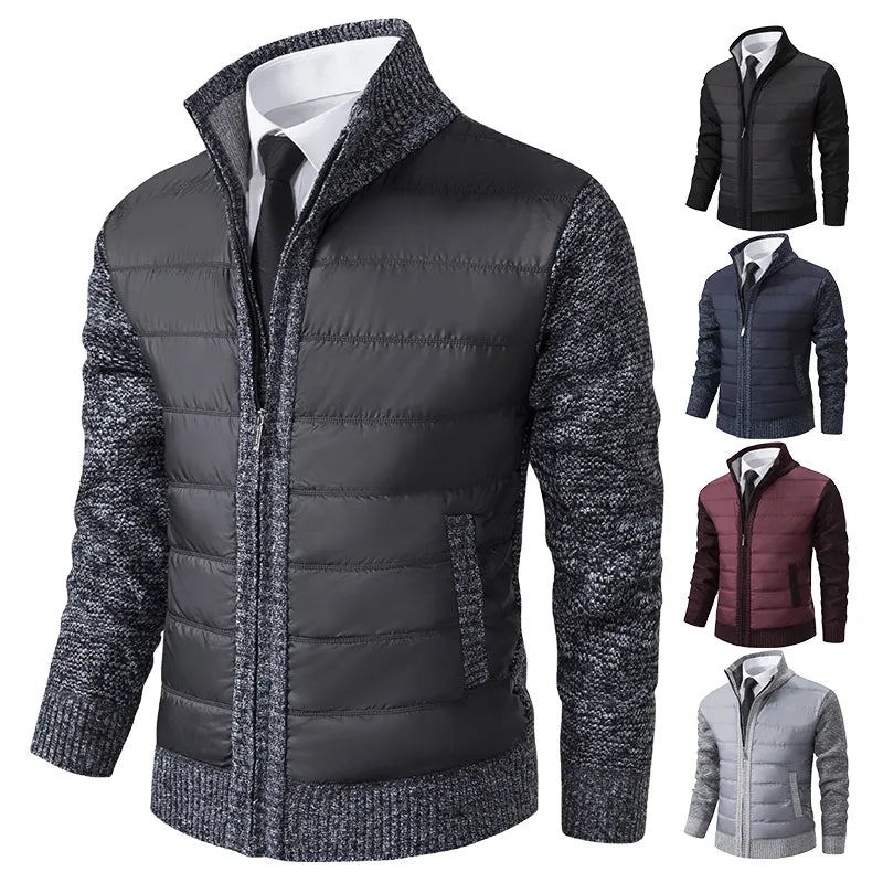Een collectie van stijlvolle en comfortabele wintervesten in verschillende kleuren (donkerblauw, zwart, bordeaux en grijs). Elk vest heeft gewatteerde panelen aan de voorkant en gebreide mouwen, met een rits voor een moderne uitstraling. Perfect voor de koudere maanden, ideaal voor een casual, modieuze look die zowel warmte als elegantie biedt.