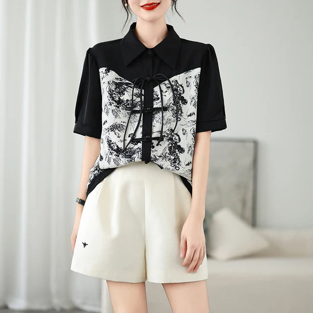 Camicie e Top Oversize con Stampa Stile Cinese Estivo per Donna