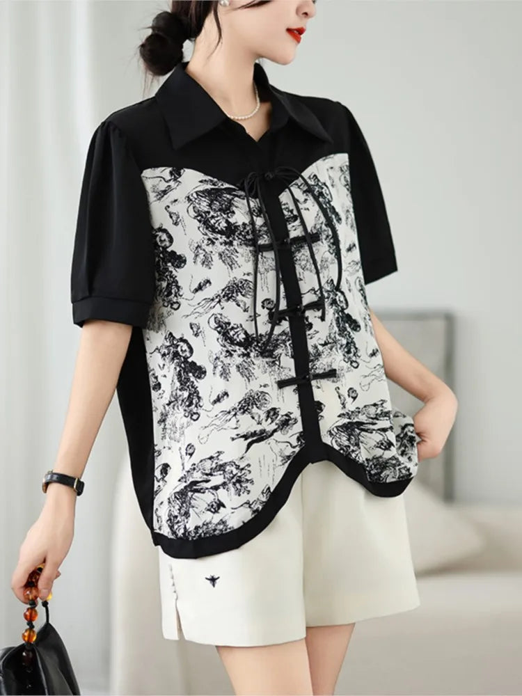 Camicie e Top Oversize con Stampa Stile Cinese Estivo per Donna