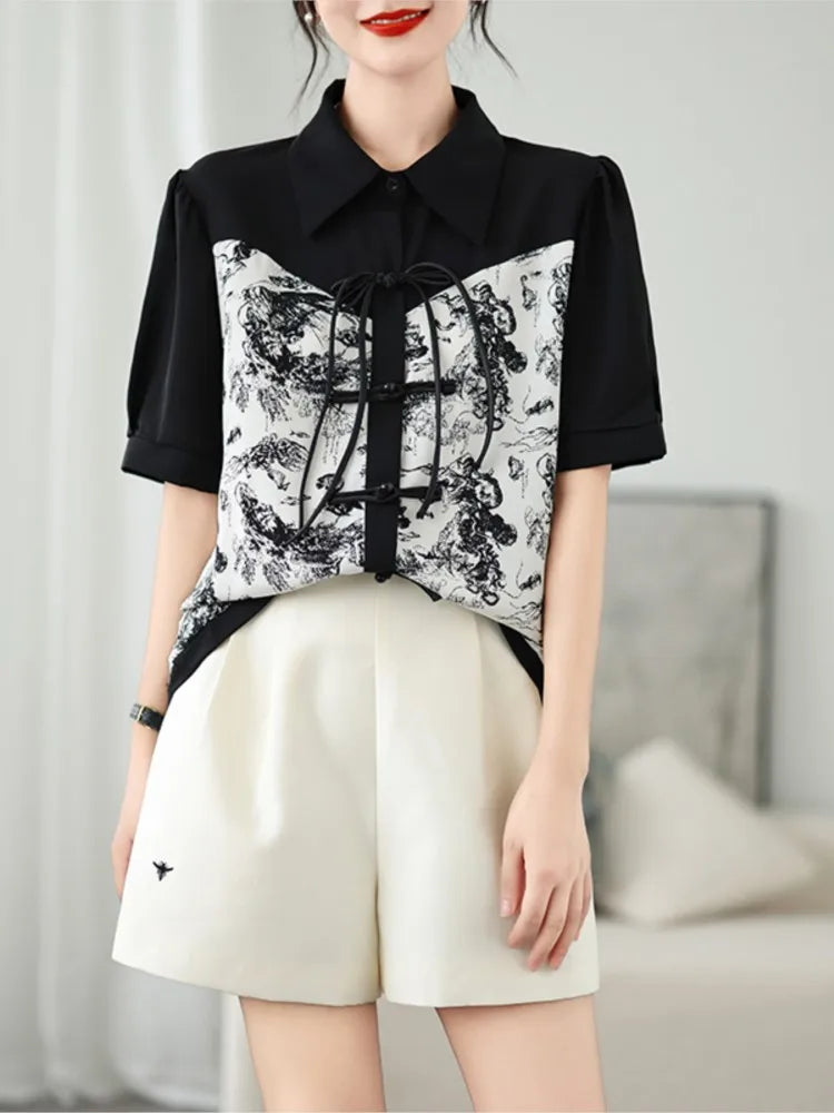 Camicie e Top Oversize con Stampa Stile Cinese Estivo per Donna