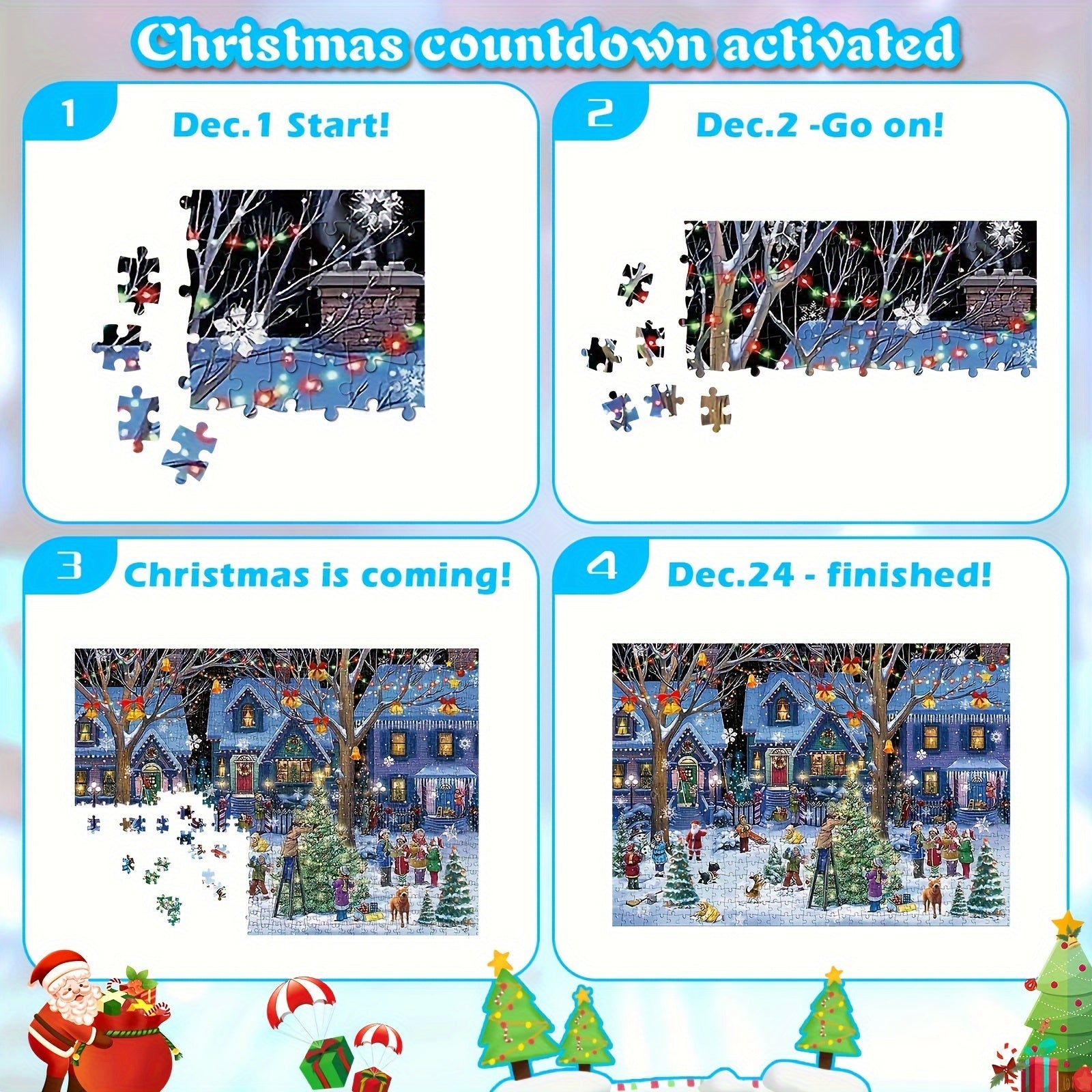 PLANOVA Adventskalender met een kerstthema, laat de countdown zien voor de dagen tot kerst. De afbeeldingen tonen de voortgang van het puzzelstukje dagelijks van 1 december tot 24 december, met een afbeelding van een kerst dorp en feestelijke decoraties.
