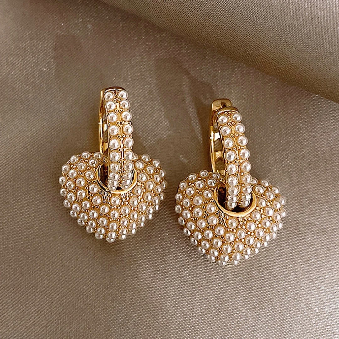 Enchanting Pearl Earrings with Heart-Shaped Pendant