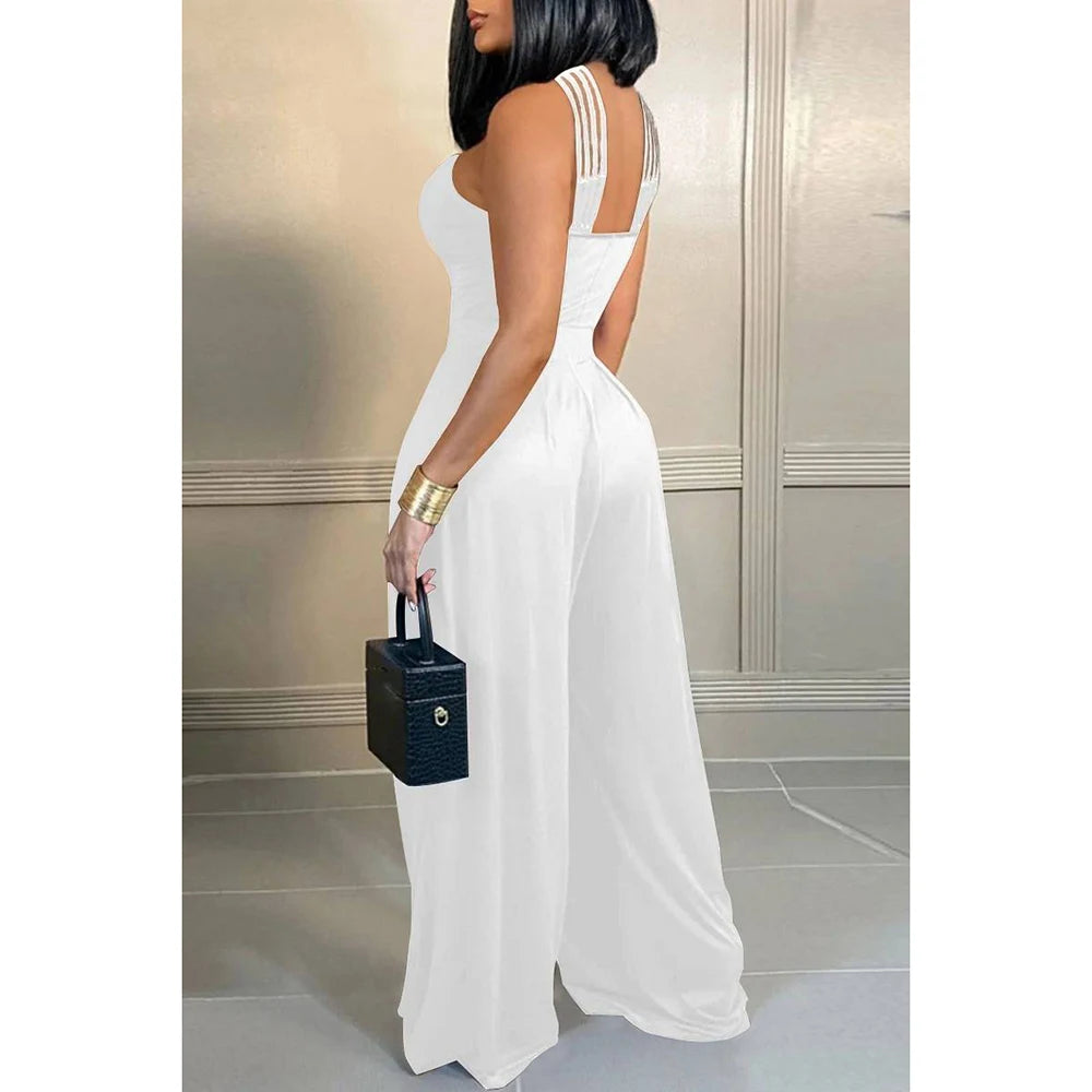 Belle Plus Size Witte Dagelijkse Hollow Out V-hals Strappy Mouwloze Jumpsuit