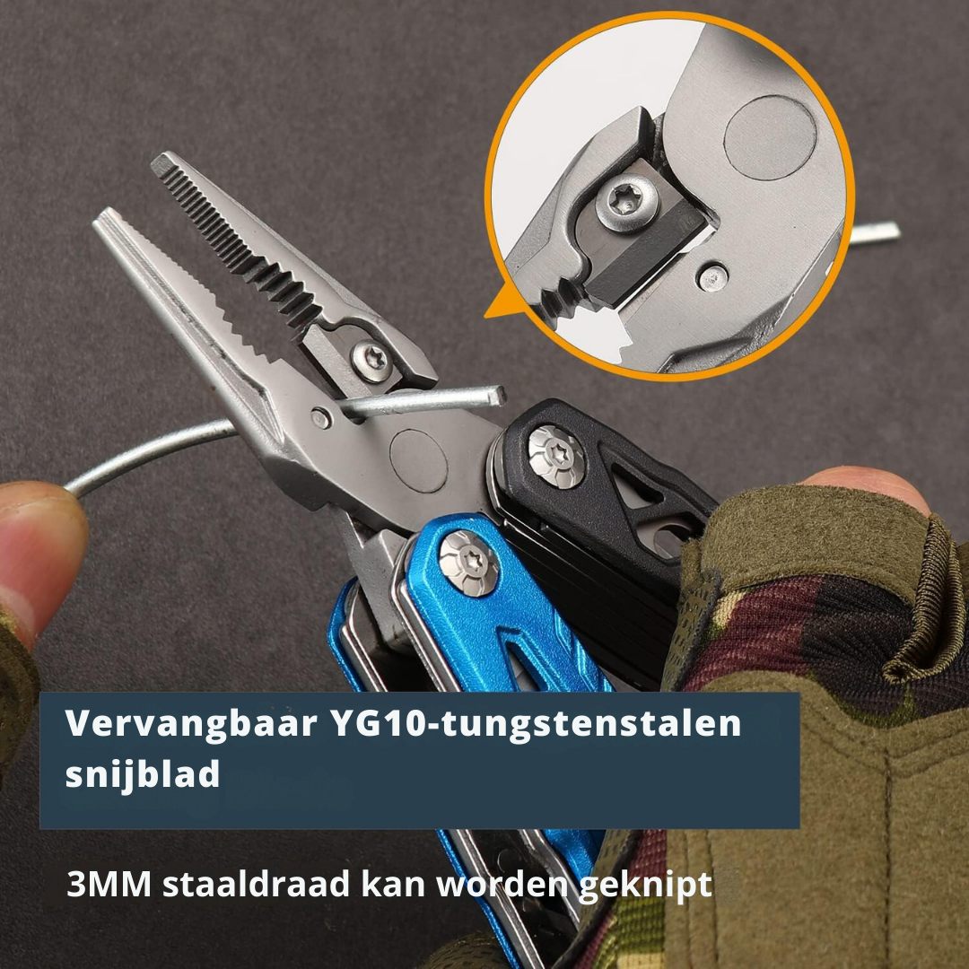 PowerAce multi-tool met vervangbaar YG10-tungstenen snijblad, geschikt voor het knippen van 3mm staaldraden. Een robuust en veelzijdig gereedschap voor elke klus.