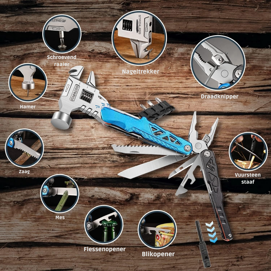 PowerAce 18-in-1 multi-tool met diverse functies zoals schroevendraaier, hamer, tang, flesopener, blikopener, en meer. Een veelzijdig gereedschap voor alle klussen.