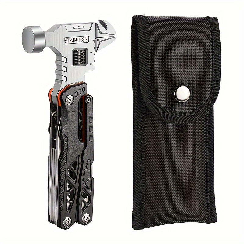 PowerAce 18-in-1 multi-tool met hamer en verschillende functies, inclusief een handige opberghoes voor eenvoudig transport en bescherming.