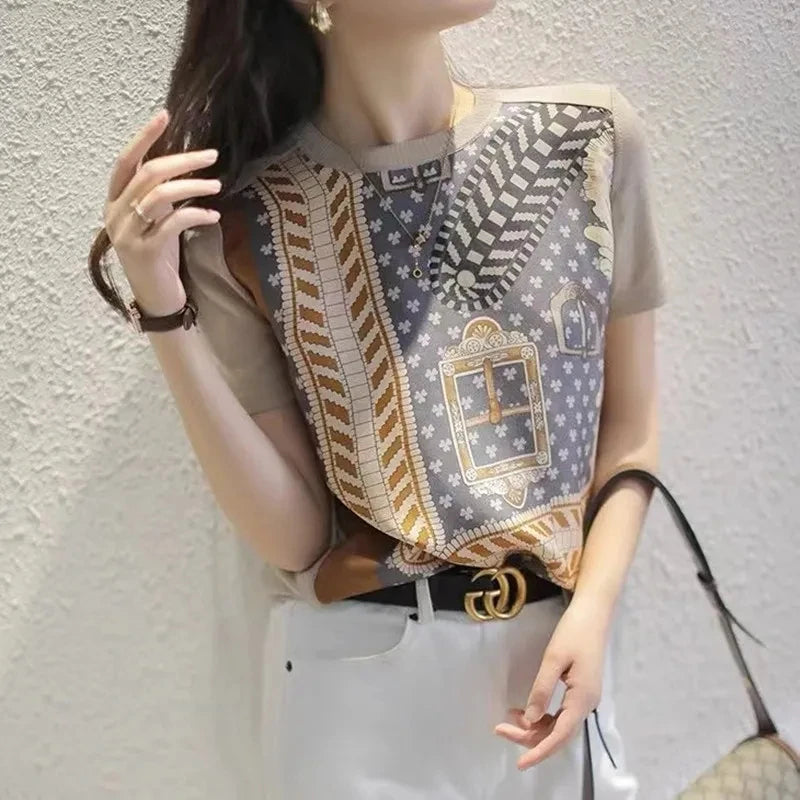 Elegant Satin Summer Blouse with Print
