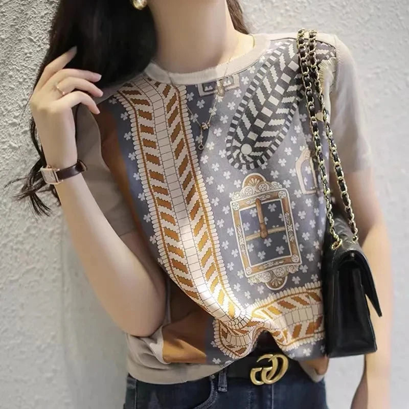 Elegante Satin Sommerbluse mit Print