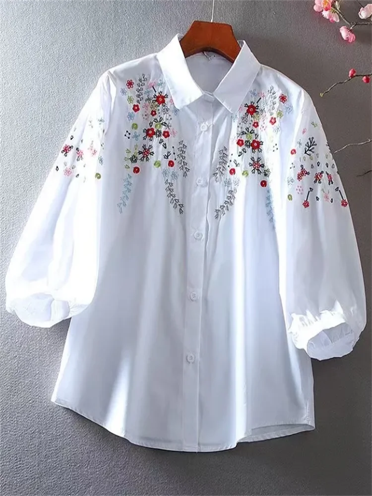 Pure Cotton Blouse with Embroidered Flowers