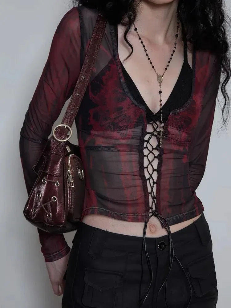 Rebel Chic Coquette Sexy Tie Dye Maglie in Rete Top Fascia Crop T-Shirt Donna
