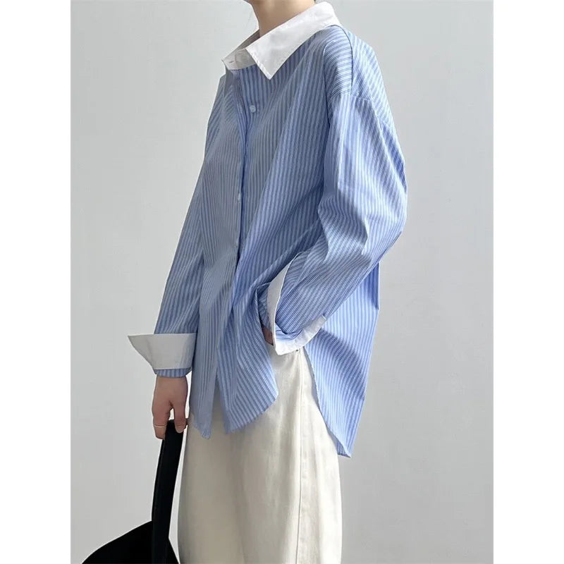 Stylish Oversized Striped Blouse - Korean Fashion for Women