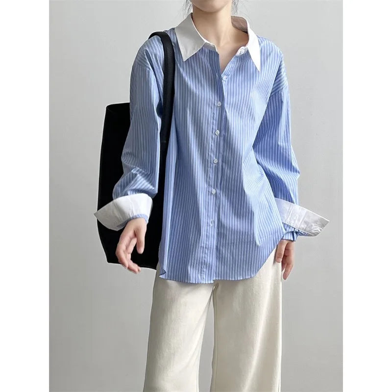 Stylish Oversized Striped Blouse - Korean Fashion for Women