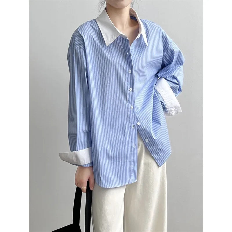 Stylish Oversized Striped Blouse - Korean Fashion for Women