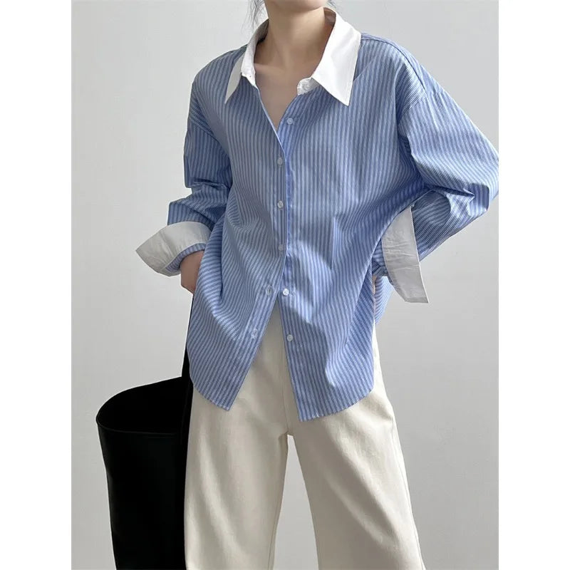 Stylish Oversized Striped Blouse - Korean Fashion for Women