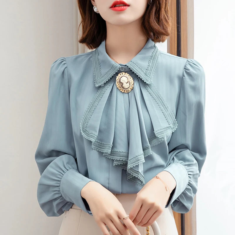 GlamourBloom's Retro Blue Chiffon Blouse