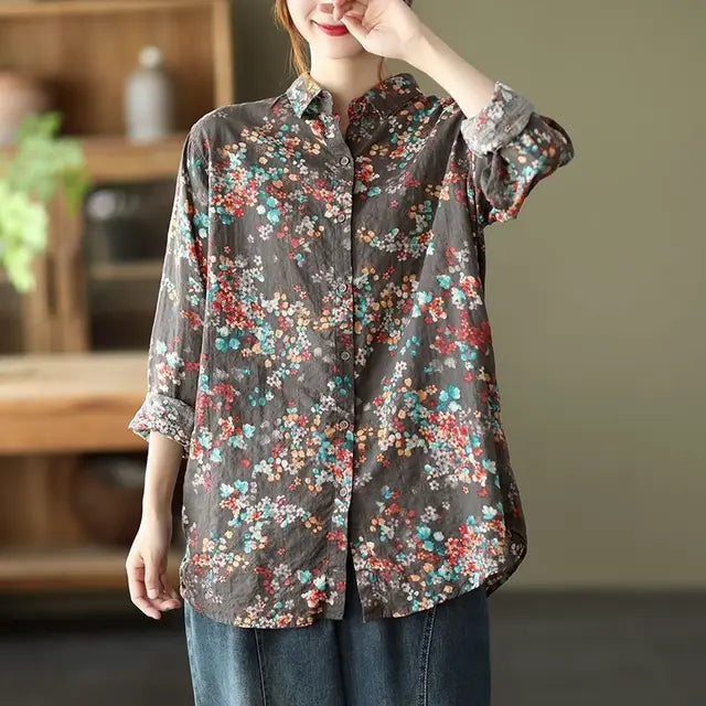 Retro Bloemenprint Shirt met Katoen en Linnen