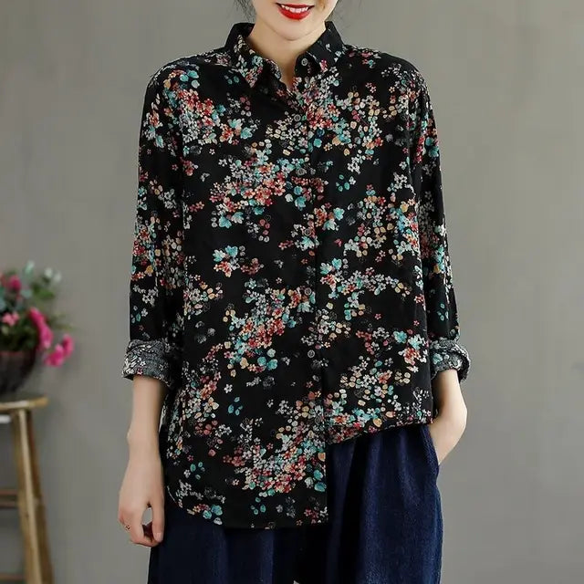 Retro Bloemenprint Shirt met Katoen en Linnen