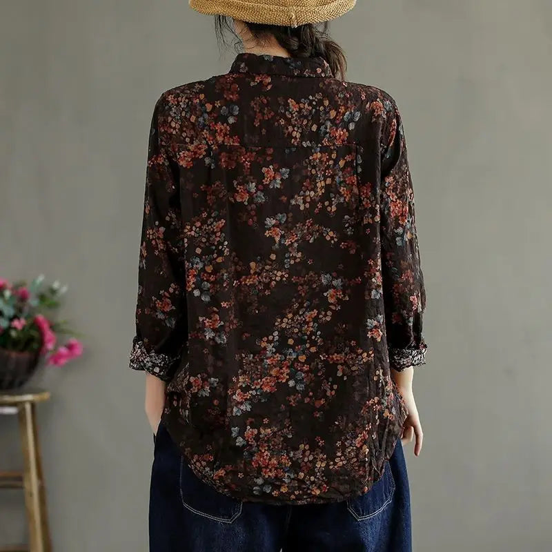 Retro Bloemenprint Shirt met Katoen en Linnen