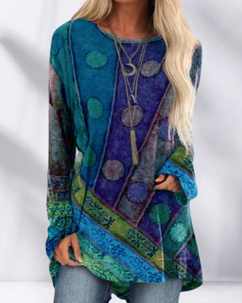 Stijlvol en artistiek Retro topje Topje (Vintage) Comfortabel in levendige blauw- en groentinten met een speels patchworkdesign. De losse pasvorm en zachte stof bieden ultiem draagcomfort, terwijl de subtiele patronen en ronde hals zorgen voor een unieke vintage uitstraling. Perfect voor een casual en trendy look.