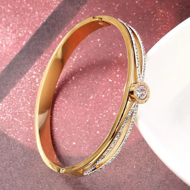 EternalGlow Stainless Steel Roman Women's Bracelet with Double Row Crosses and Diamond Accents