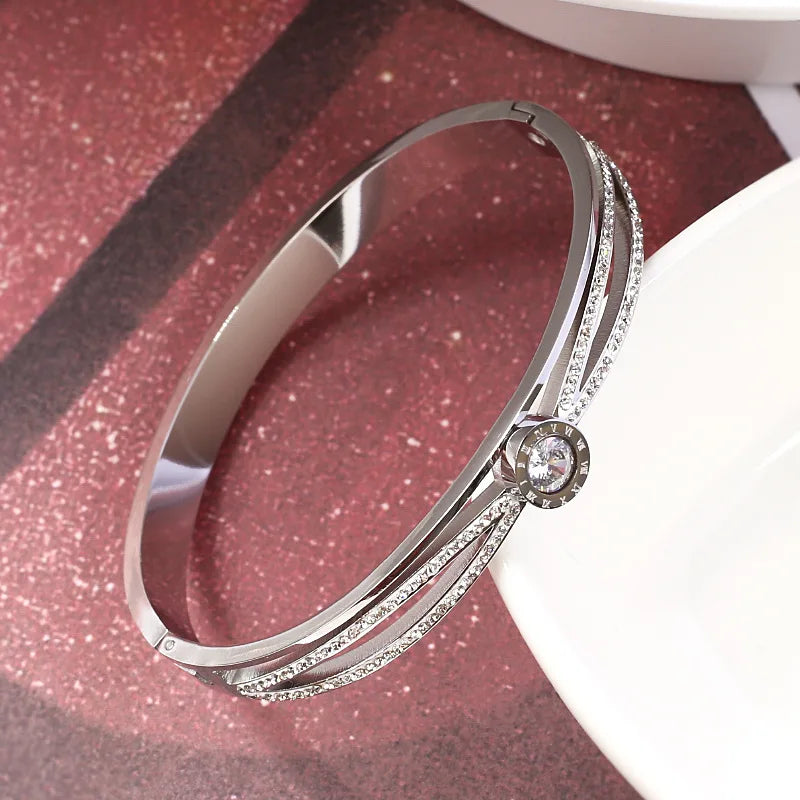 EternalGlow Stainless Steel Roman Women's Bracelet with Double Row Crosses and Diamond Accents