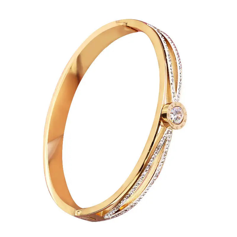 EternalGlow Stainless Steel Roman Women's Bracelet with Double Row Crosses and Diamond Accents