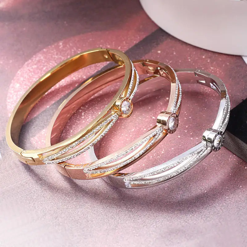 EternalGlow Stainless Steel Roman Women's Bracelet with Double Row Crosses and Diamond Accents