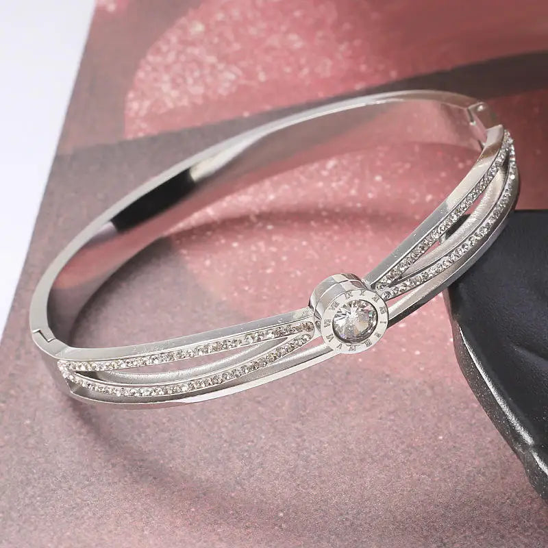 EternalGlow Stainless Steel Roman Women's Bracelet with Double Row Crosses and Diamond Accents