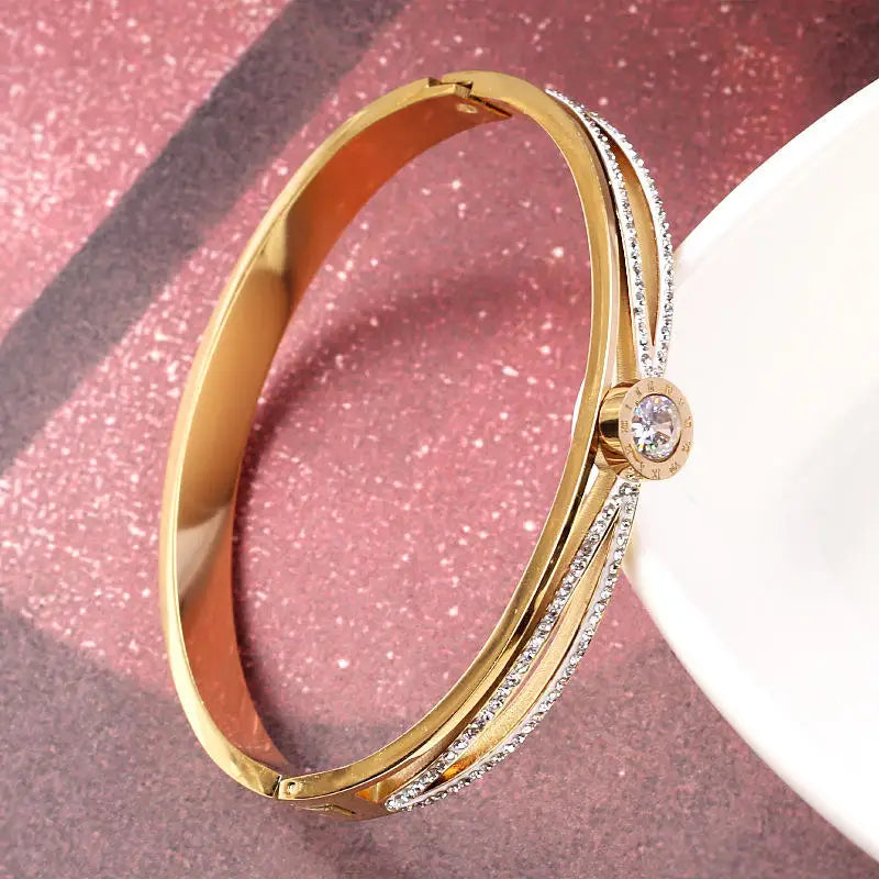 EternalGlow Stainless Steel Roman Women's Bracelet with Double Row Crosses and Diamond Accents