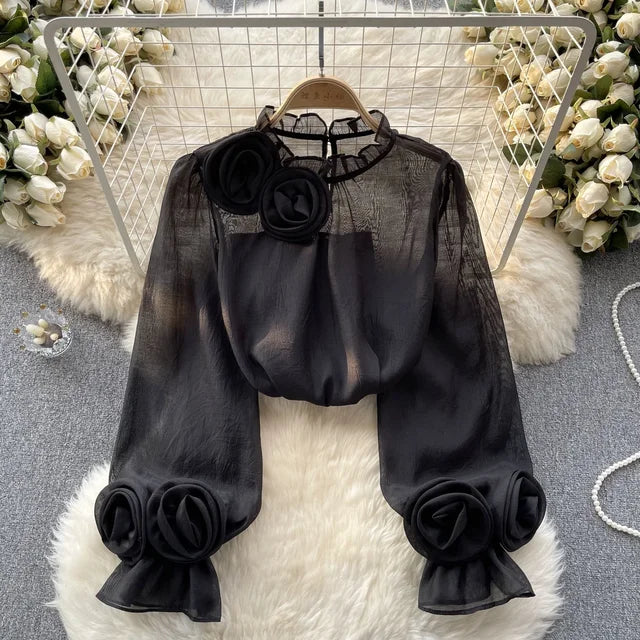 Summer Glow Chiffon Blouse with Lantern Sleeves for Stylish Ladies