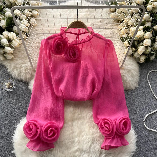 Summer Glow Chiffon Blouse with Lantern Sleeves for Stylish Ladies