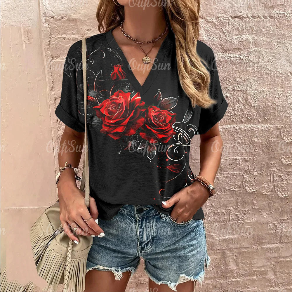 RoseVibe Summer Rose Print T-shirt