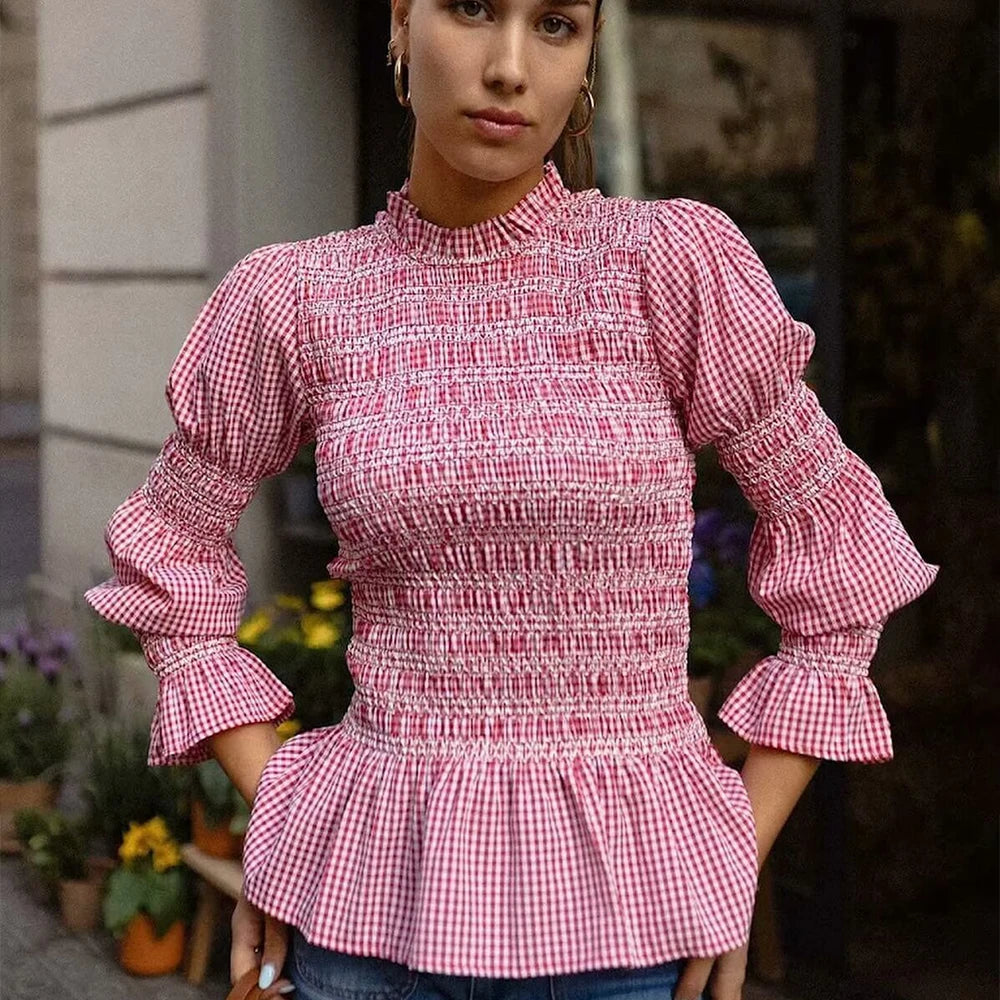 Sunspree Checkered Blouse with Ruffles