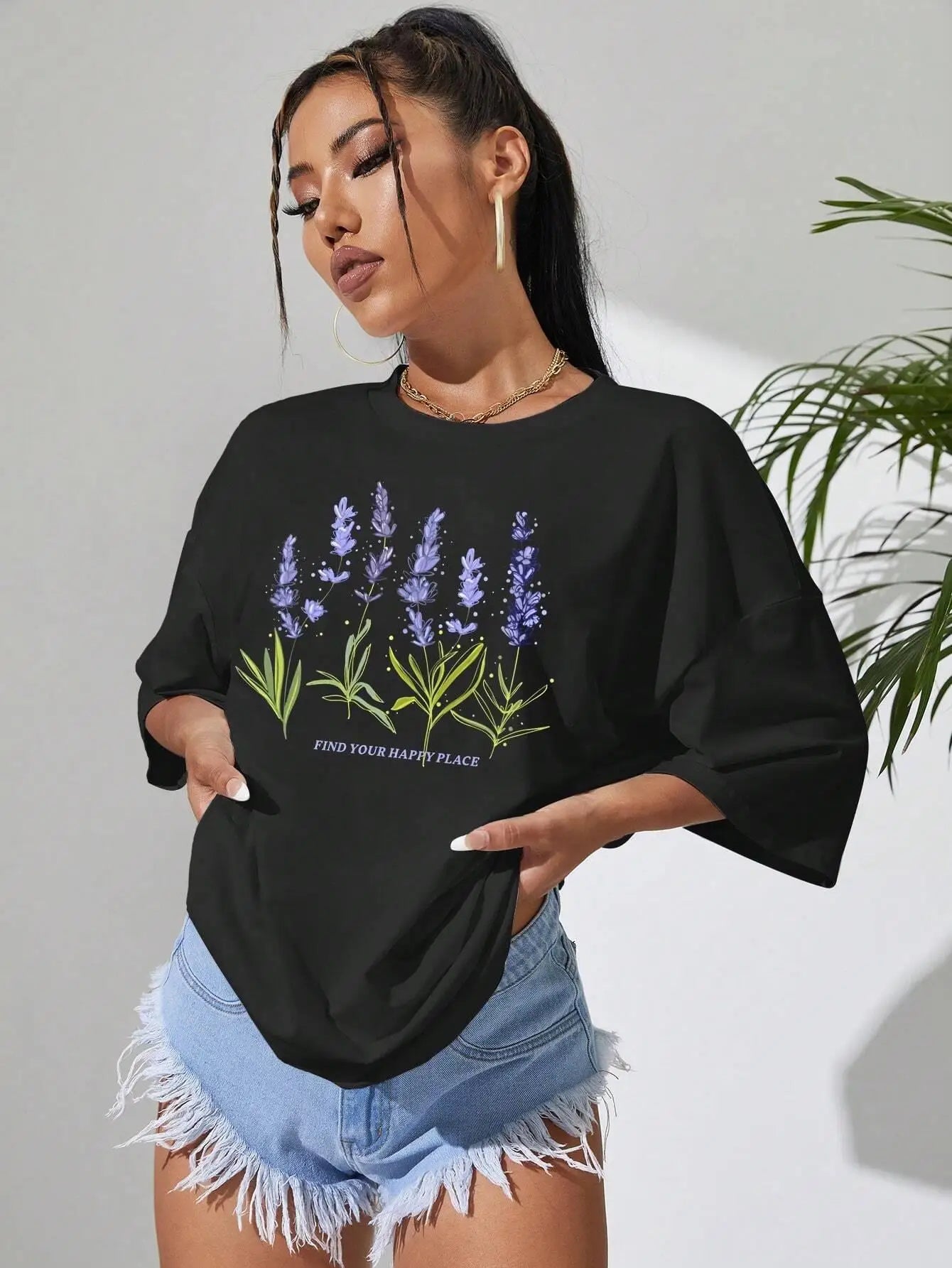 Luna Style Lavendelprint Freizeit T-Shirt