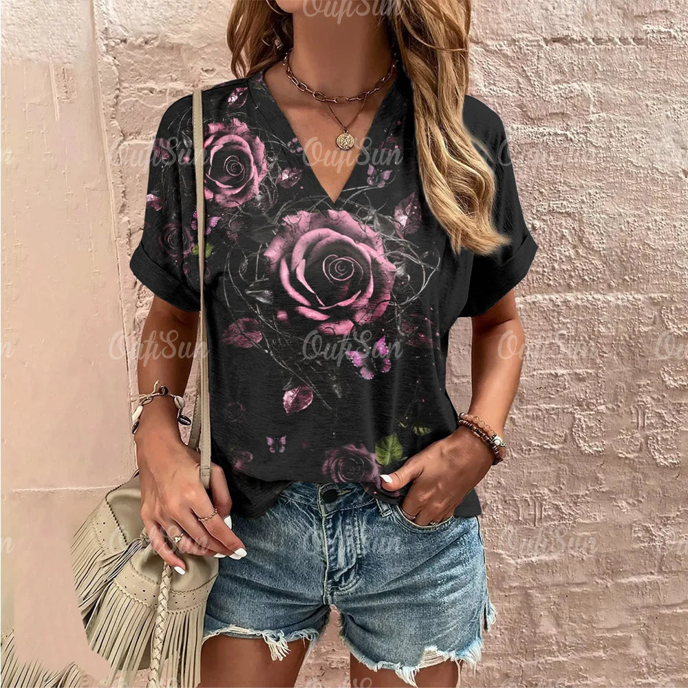 RoseVibe Summer Rose Print T-shirt