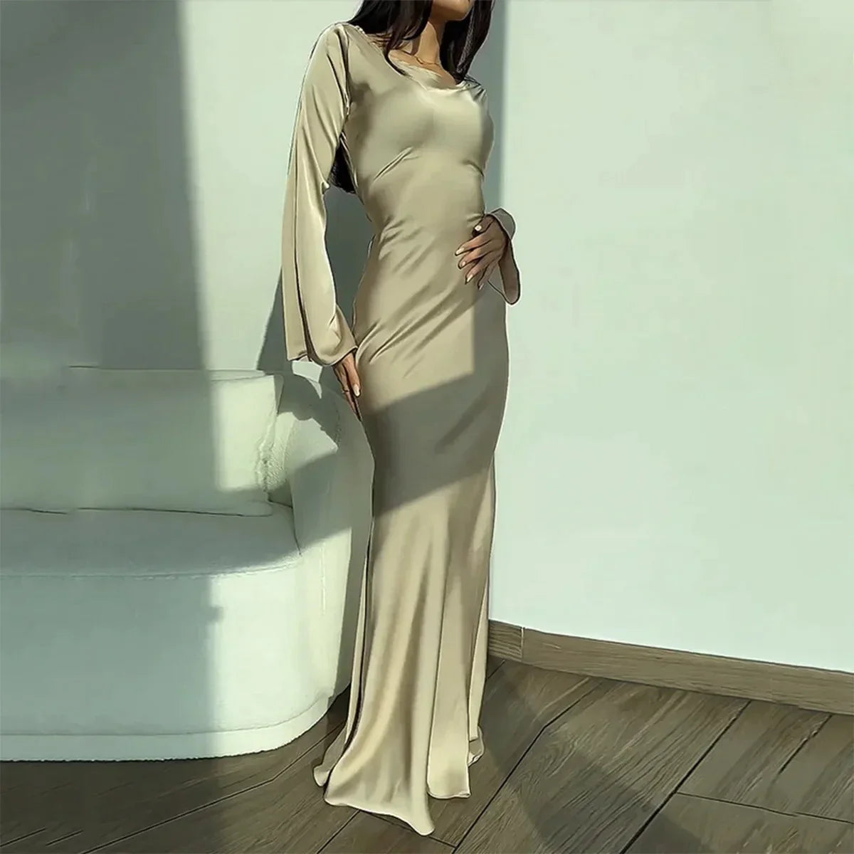 VELANORA elegante vestito da festa in raso con maniche lunghe
