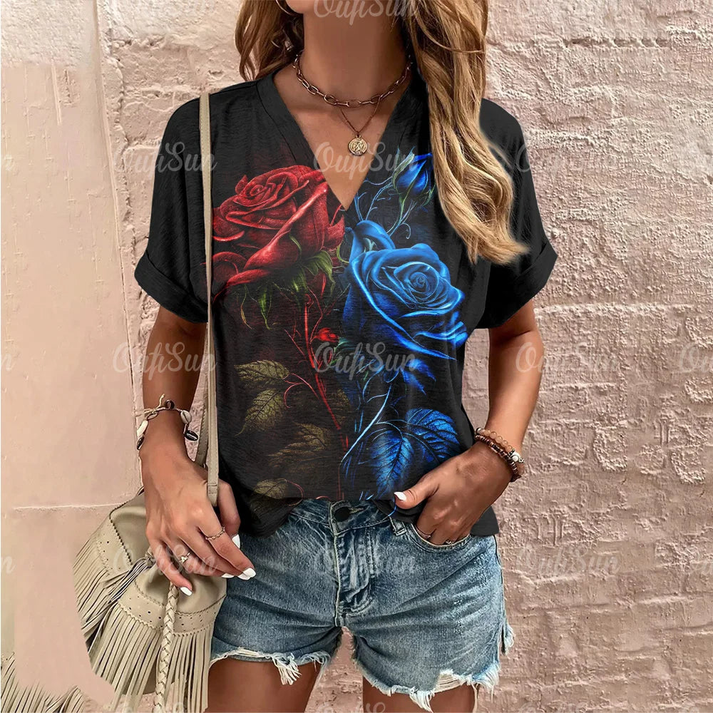 RoseVibe Summer Rose Print T-shirt