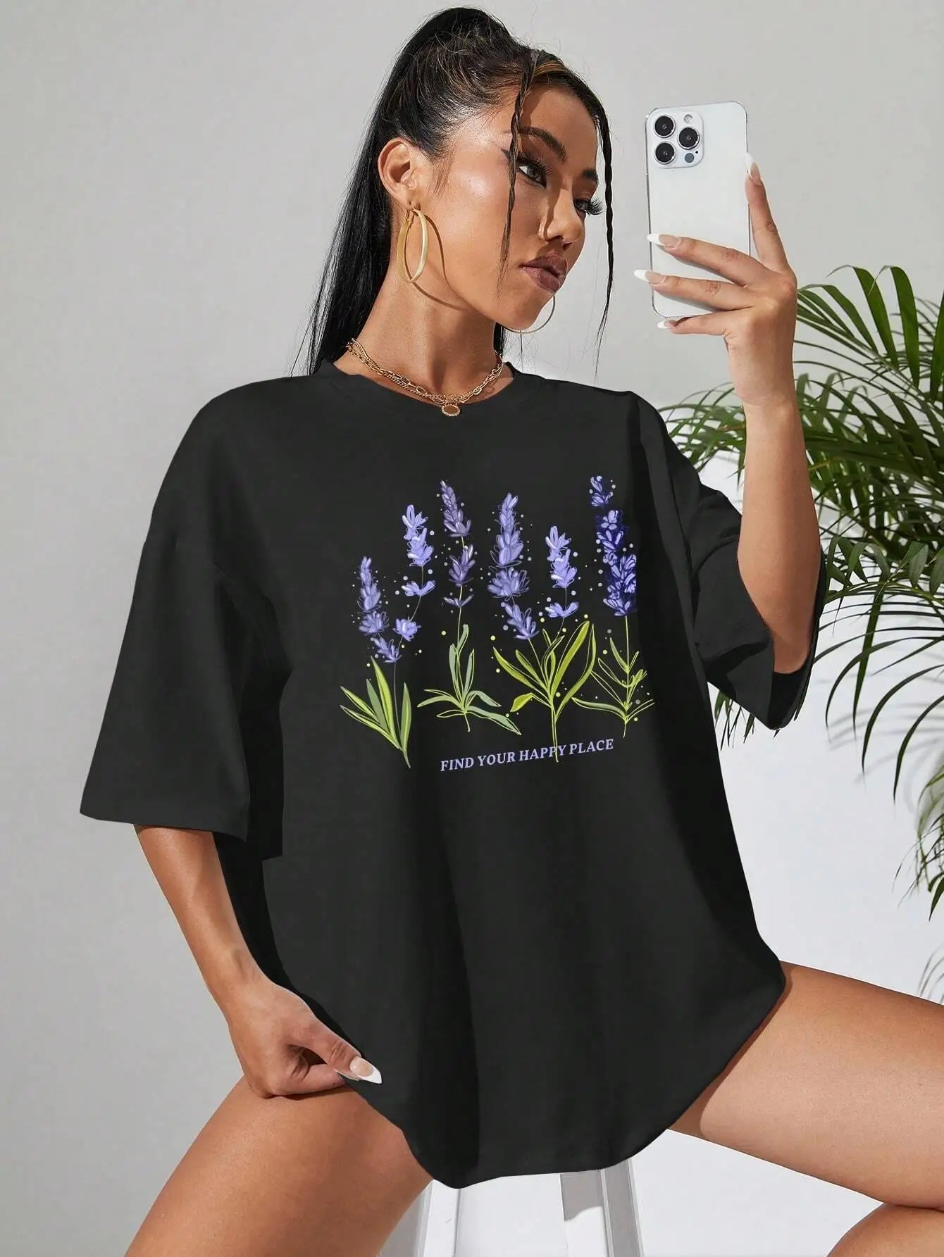 Luna Style Lavendelprint Freizeit T-Shirt