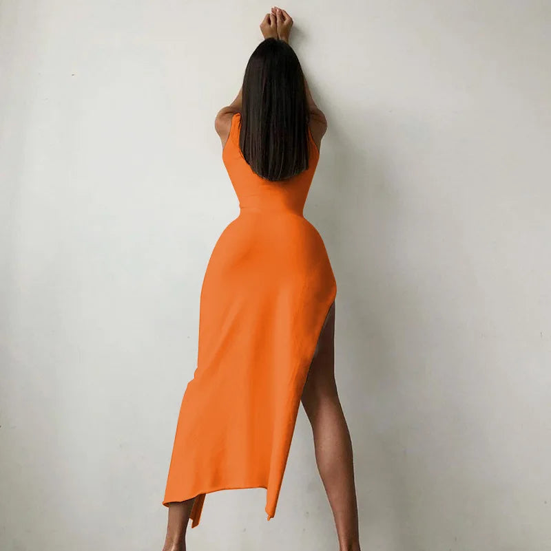 Elise | Abito midi senza maniche con collo alto e spacco laterale da donna | Arancione