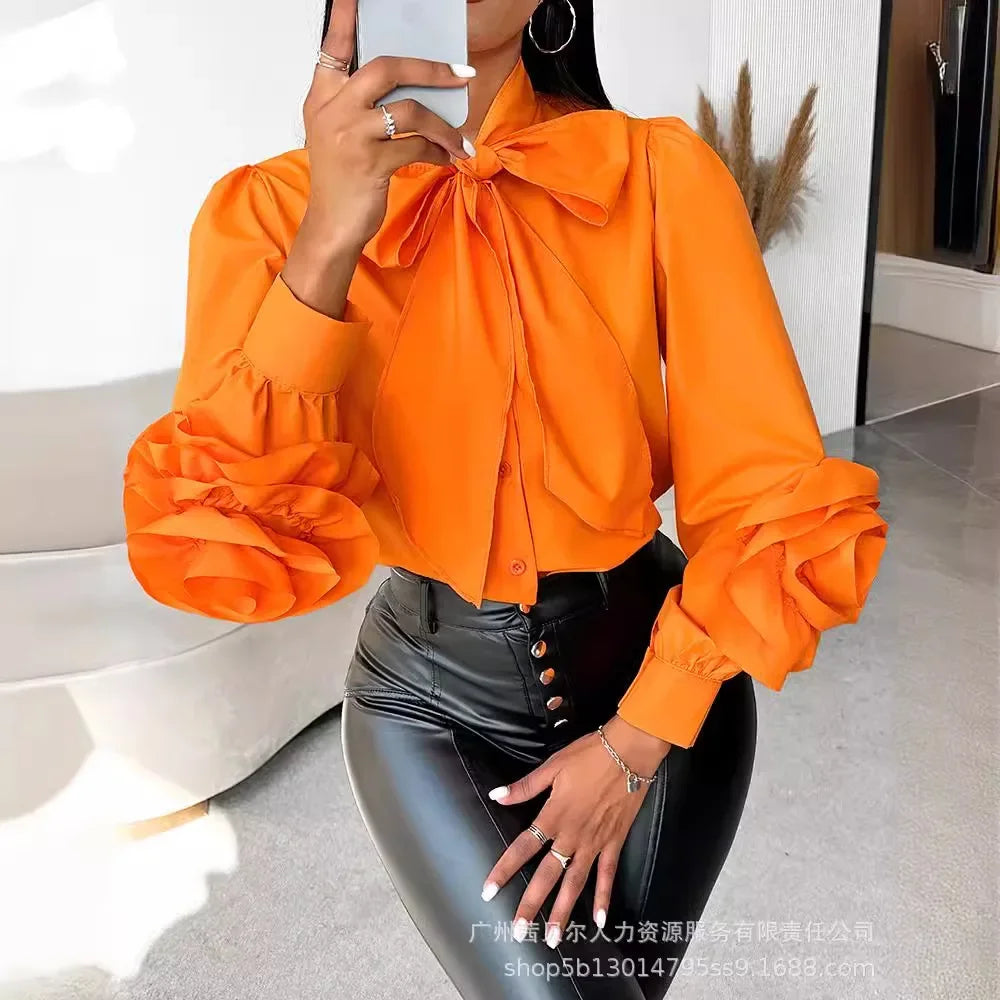 Amara | Damen Blumenmuster Schleifenbluse | Orange