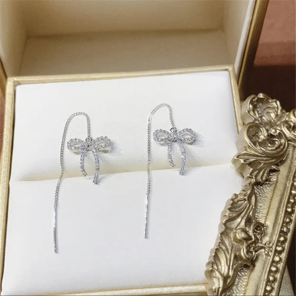 Elegant Silver Needle Bow Earrings