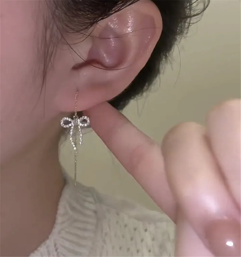 Elegant Silver Needle Bow Earrings