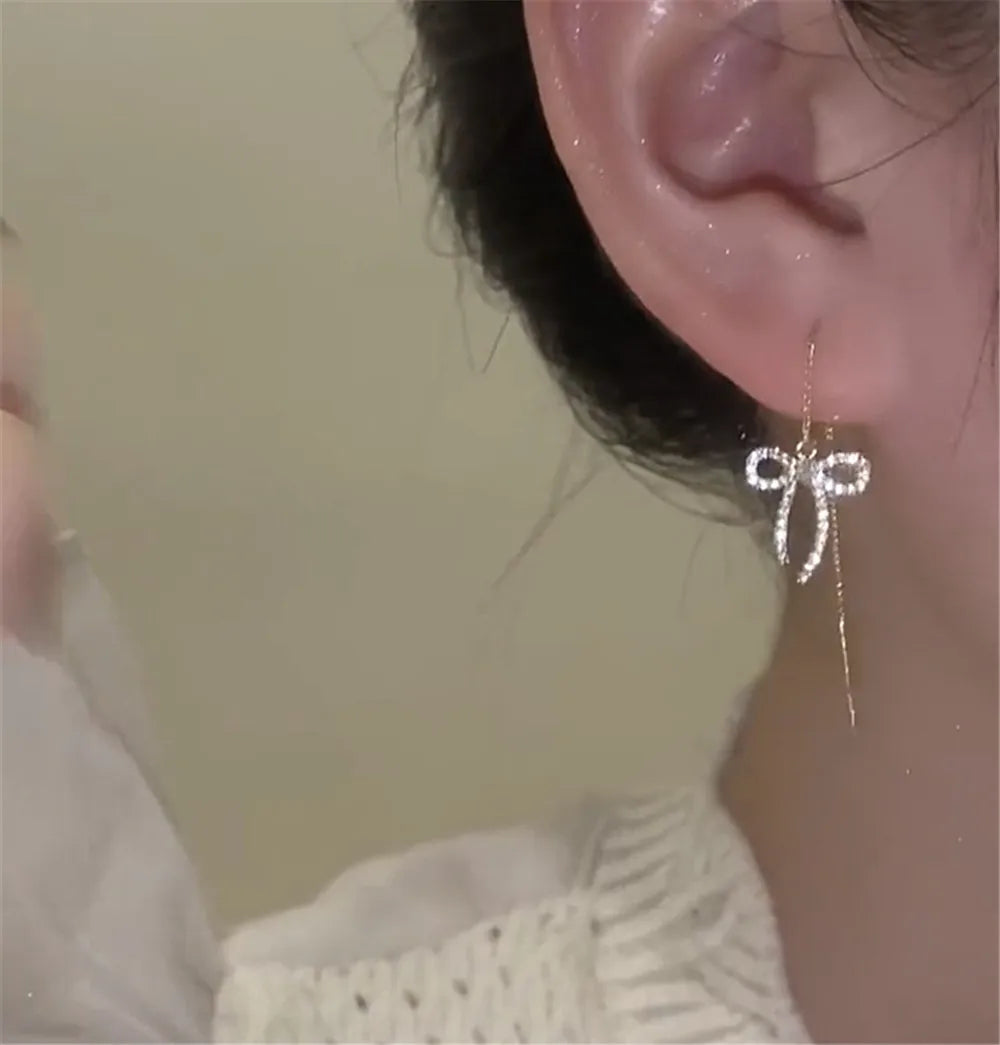 Elegant Silver Needle Bow Earrings