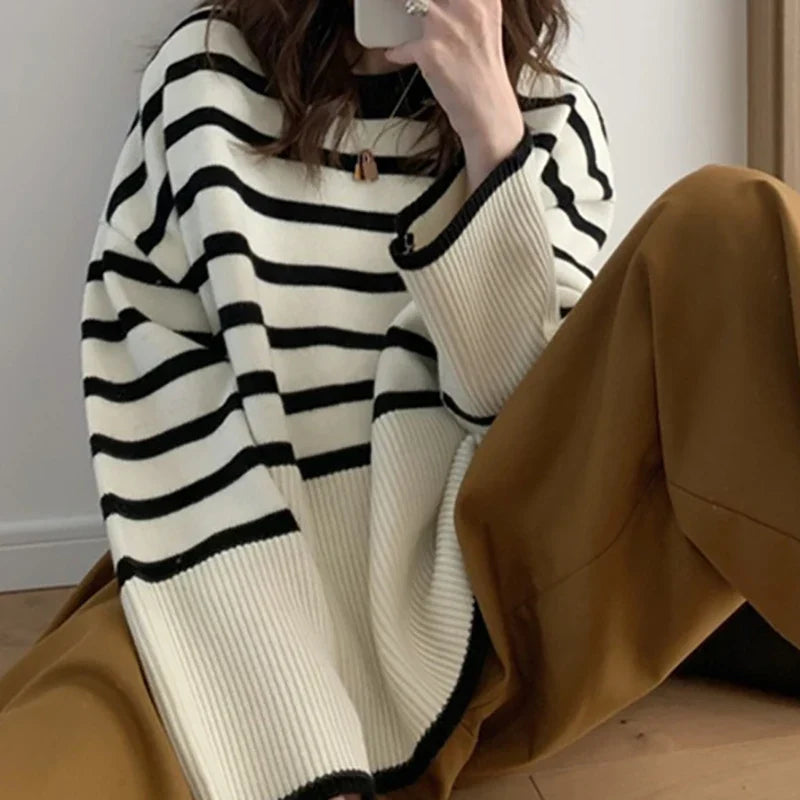 Mira | Dames Oversized Breistrui met Strepen | Abrikoos