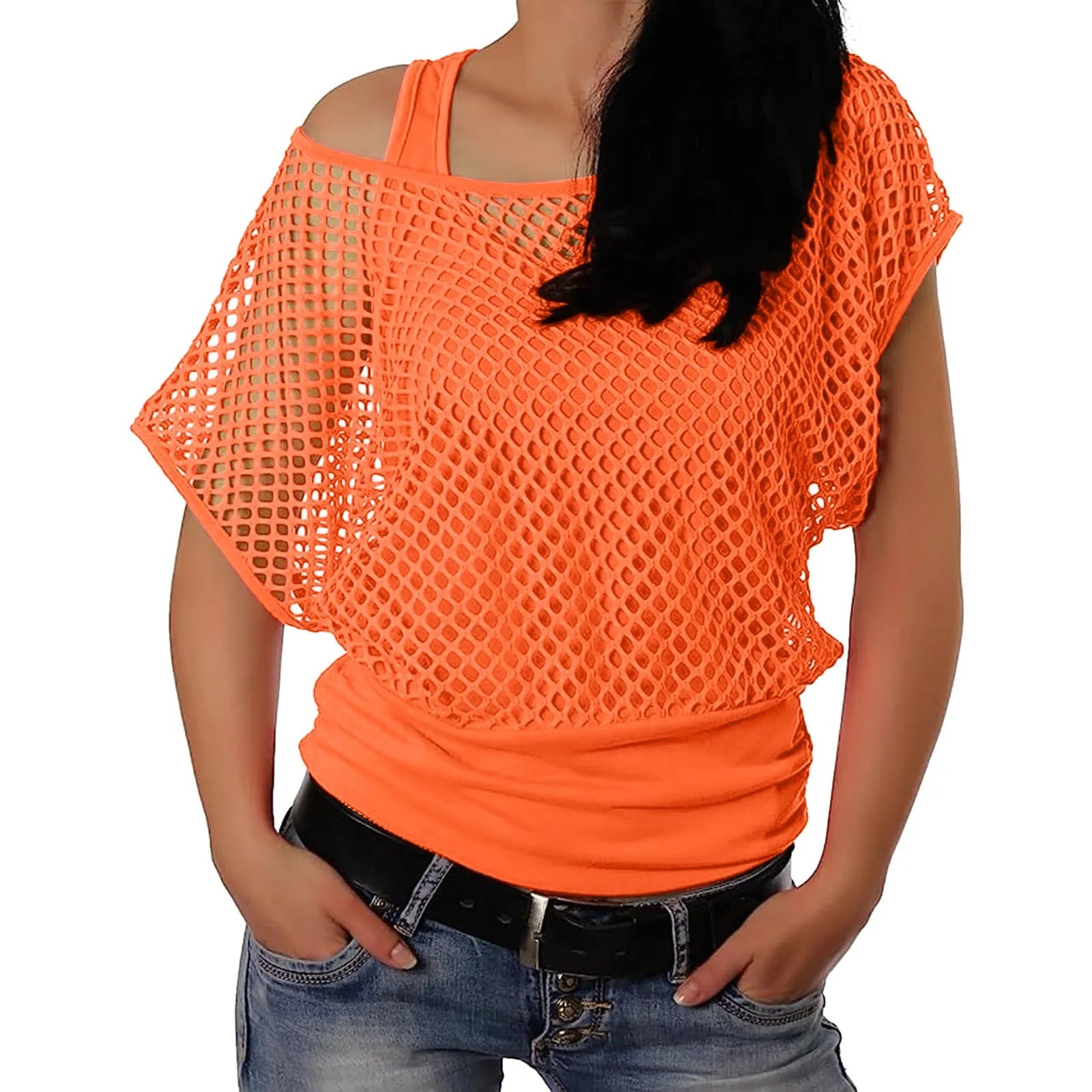 Lina | Maglietta a rete da donna con spalle scoperte | Arancione
