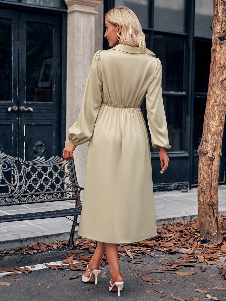 Wrap dress in beige satin