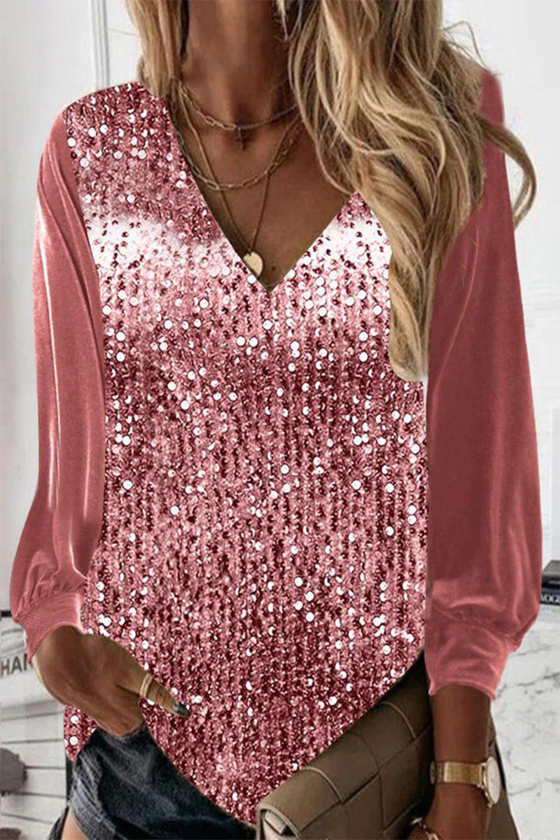 Sara | Blouse met lange mouwen en V-hals en pailletten