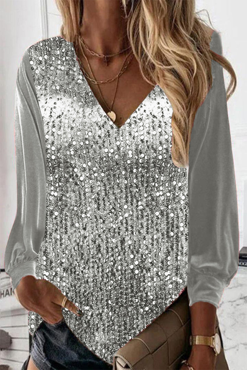Sara | Blouse met lange mouwen en V-hals en pailletten