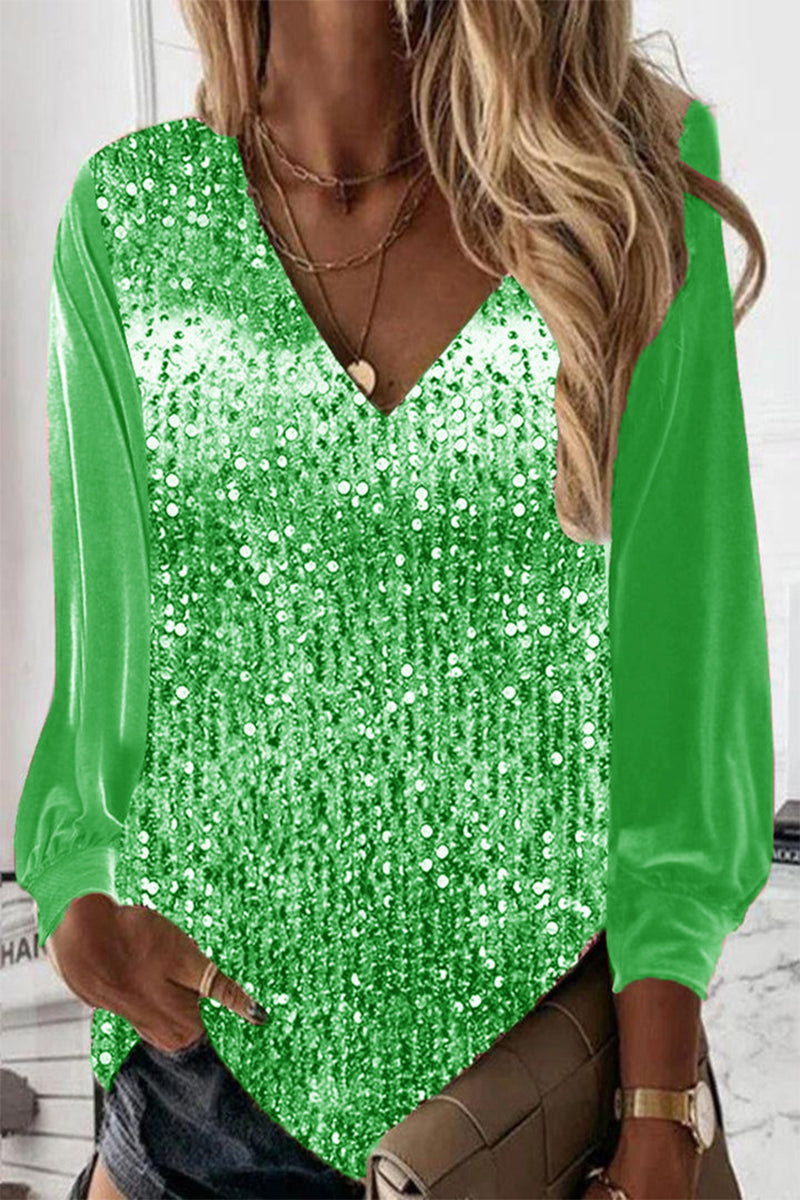 Sara | Blouse met lange mouwen en V-hals en pailletten